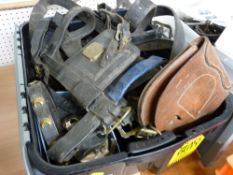 Plastic crate of shire/heavy horse harnessing and strapwork including blinkers, nose bands,