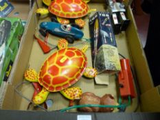 Two tinplate Mobo tortoises, tinplate robot, remote control racing car etc