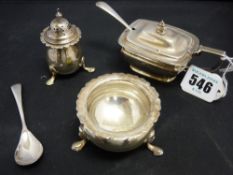 Lidded silver salt with blue glass liner, an open circular salt on three feet and a small pepper