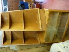 Light wood glass fronted bookcase and two oak corner shelf units