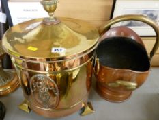 Good brass and copper coal bin and a helmet shaped coal scuttle