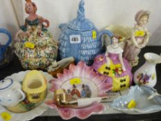 'Dainty Lady' teapot, two similarly styled pots with covers, Welsh costume decorated ornamental ware