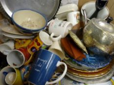 Quantity of ornamental wall plates, pottery mugs and vases etc