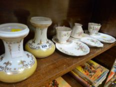 Pair of vintage milk glass vases, gilt decorated and three Royal Albert 'Moss Rose' teacup and plate