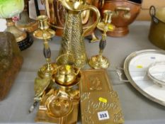 Selection of vintage brassware including a Coronation commemorative letter rack 1953