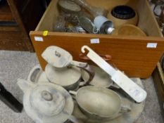 Four piece pewter teaset on a tray etc