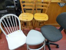 Pair of modern pine bar stools, painted white bedroom chair, swivel office armchair and an invalid