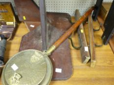 Pair of wooden shelves, pair of wooden wall hooks and a vintage style brass bed warmer