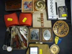 Box of collectables including watches, compacts, rotary medallion, quantity of pierced and carved