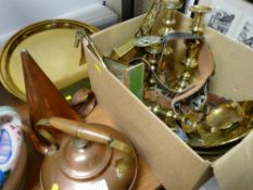 Selection of vintage brass and copperware including a pair of Victorian candlesticks and horse
