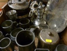 Box of pewter ware, beaten pewter, electroplate, spirit kettle etc