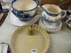 Four flan dishes, Victorian blue and white chamber pot etc