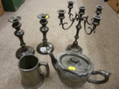 Pair of pewter candlesticks, bronze style candelabra etc