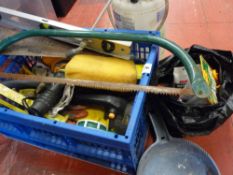 Crate of garage items and hand tools, sprayer etc