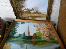 LES PARSON gilt framed oil on canvas - two young girls in a country cottage and flower meadow