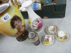 Bavarian twin handled vase and one other, three small cabinet cups, one with blue cross swords