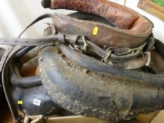 Three shire horse collars and one other, various sizes and conditions