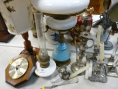 Brass oil lamp with milk glass reservoir, wall barometer, electroplate candleholders etc