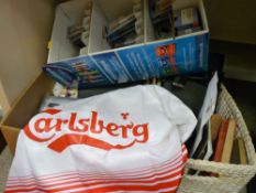 Two boxes of mixed household items, books, Nicolits dispenser and contents etc