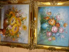 BERTO vibrant gilt framed oil on canvas - still life flowers in a vase and one other similar,