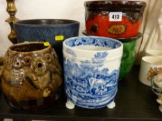 Two German stoneware pottery planters, three others and a Studio pottery vase