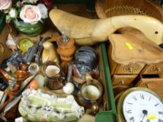 Box of mixed items including Lilliput Lane fort, copper lustre ware, politically incorrect moneybox,