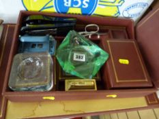 Gilt tooled leather effect desk set by Frank Smythson Ltd, New Bond Street, two heavy glass ashtrays