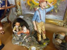 Large Capodimonte ornament depicting two young boys hiding in a barrel from a gentleman