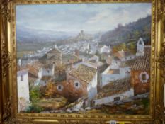 Good modern gilt framed oil on canvas - Mediterranean town with castle to the background,