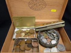 Cigar box with a quantity of British bronze coinage and a mixture of foreign silver and bronze