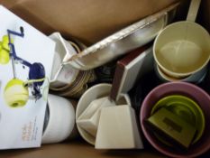 Box of pottery planters, teapots, boxed apple peeler etc