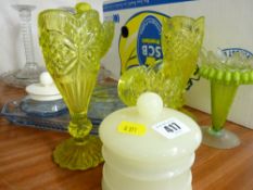 Two glass dressing table sets, quantity of uranium glass vases and jugs etc