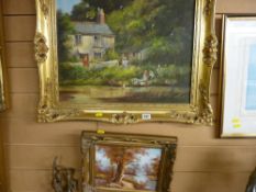 DYER confident modern gilt framed oil on canvas - children playing with boats before a countryside