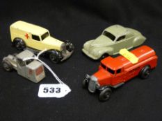 Four Dinky Toy Meccano Liverpool vehicles - red petrol wagon, Lincoln Zephyr saloon car, cream field