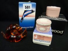 Boxed Wedgwood glass snail and two pink Jasperware pill boxes