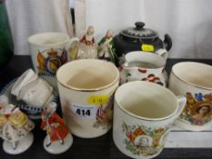 Quantity of commemorative ware, three porcelain figurines, Gaudy Welsh jug etc