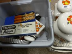 Three colourful mid Century storage jars, Stanley set of chisels etc
