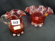 Victorian cranberry glass jug and bowl