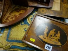 Mixed treen items, inlaid pokerwork tray etc
