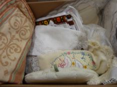 Box of vintage table linen etc