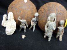 Two vintage 4lb cannonballs and a small quantity of lead figurines