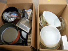 Two boxes of kitchenware including Pyrex, stoneware dinner plates etc