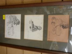 L S LOWRY triple study print - woman pushing a pram