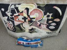 Modern abstract wall hanging and two further loomed items