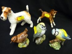 Beswick model of a terrier, two small bird figurines and one other with a model of a foal by other