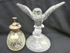 Glass owl in flight ornament and a sterling silver topped cut glass perfume bottle