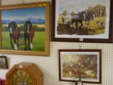 HEATHER DAVIES oil on board - shire horses, dated 1980, another similar scene print and a print of