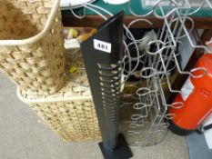Chrome wine rack, CD rack, two wicker baskets etc