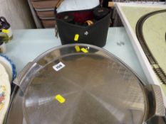 Quantity of metal serving ware and cased binoculars by Hoya