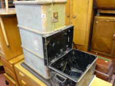 Wooden banded trunk, metal deed tin etc